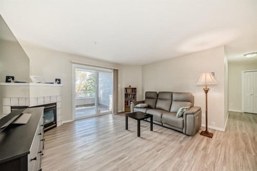 208-4000 Somervale Court Sw, Calgary, AB - Indoor Photo Showing Living Room With Fireplace