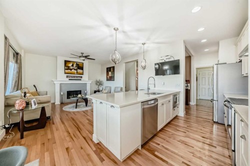 115 Mahogany Way Se, Calgary, AB - Indoor Photo Showing Kitchen With Fireplace With Stainless Steel Kitchen With Upgraded Kitchen