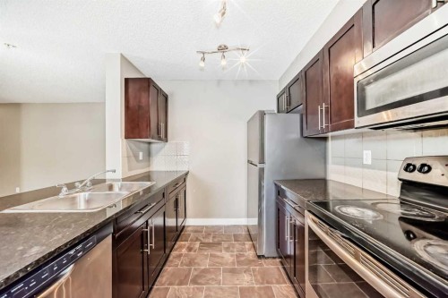 8201-403 Mackenzie Way Sw, Airdrie, AB - Indoor Photo Showing Kitchen With Stainless Steel Kitchen With Double Sink