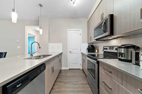 102-200 Cranfield Common Se, Calgary, AB - Indoor Photo Showing Kitchen With Double Sink With Upgraded Kitchen