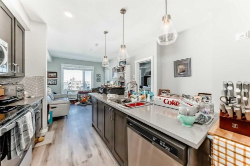 403-200 Shawnee Square Sw, Calgary, AB - Indoor Photo Showing Kitchen With Double Sink With Upgraded Kitchen