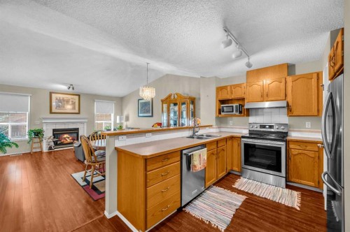 65 Tararidge Circle Ne, Calgary, AB - Indoor Photo Showing Kitchen With Fireplace With Stainless Steel Kitchen With Double Sink