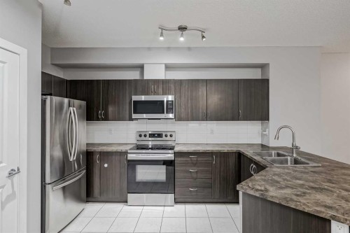 303-100 Cranfield Common Se, Calgary, AB - Indoor Photo Showing Kitchen With Double Sink With Upgraded Kitchen