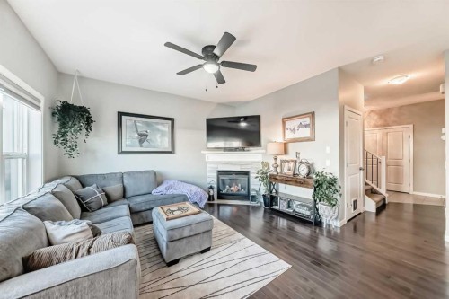 4 Bethune Way, Carstairs, AB - Indoor Photo Showing Living Room With Fireplace