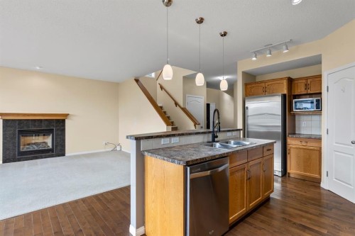 1043 Copperfield Boulevard Se, Calgary, AB - Indoor Photo Showing Kitchen With Fireplace With Double Sink