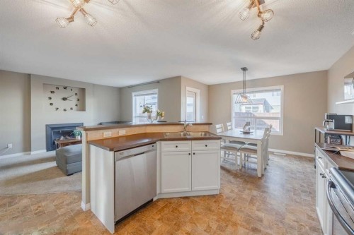 177 Silverado Range View Sw, Calgary, AB - Indoor Photo Showing Kitchen With Fireplace With Double Sink