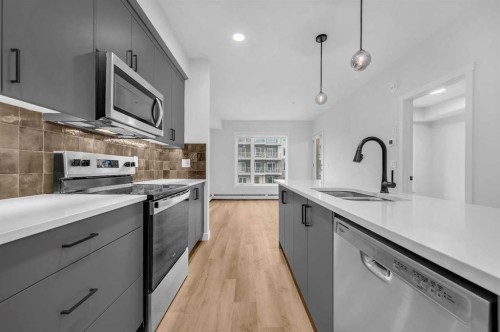 212-660 Shawnee Square Sw, Calgary, AB - Indoor Photo Showing Kitchen With Double Sink With Upgraded Kitchen