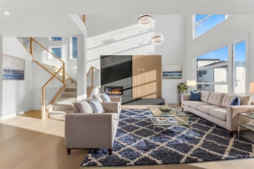 99 South Shore Road, Chestermere, AB - Indoor Photo Showing Living Room With Fireplace