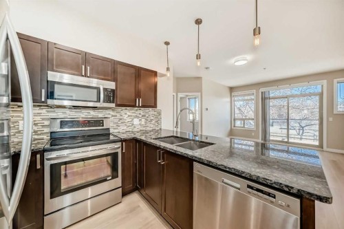 201-4303 1 Street Ne, Calgary, AB - Indoor Photo Showing Kitchen With Stainless Steel Kitchen With Double Sink With Upgraded Kitchen