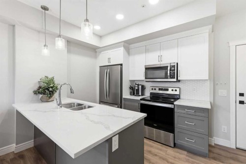 203-19661 40 Street Se, Calgary, AB - Indoor Photo Showing Kitchen With Double Sink With Upgraded Kitchen
