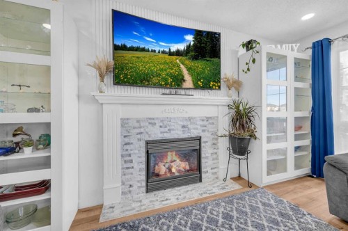 300 Taracove Estate Drive Ne, Calgary, AB - Indoor Photo Showing Living Room With Fireplace