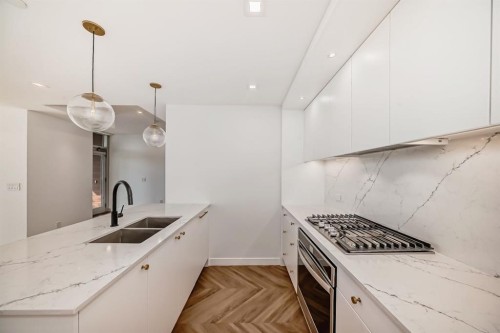 112-8445 Broadcast Avenue Sw, Calgary, AB - Indoor Photo Showing Kitchen With Double Sink With Upgraded Kitchen