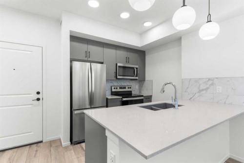 #217-140 Mahogany Street Se, Calgary, AB - Indoor Photo Showing Kitchen With Stainless Steel Kitchen With Double Sink With Upgraded Kitchen