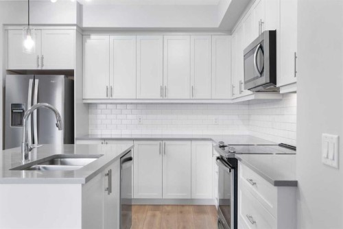 308-100 Auburn Meadows Manor Se, Calgary, AB - Indoor Photo Showing Kitchen With Stainless Steel Kitchen With Double Sink With Upgraded Kitchen