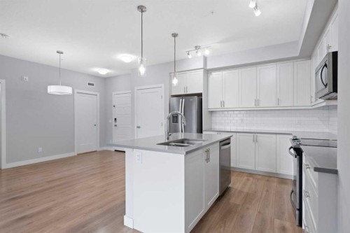308-100 Auburn Meadows Manor Se, Calgary, AB - Indoor Photo Showing Kitchen With Stainless Steel Kitchen With Double Sink With Upgraded Kitchen