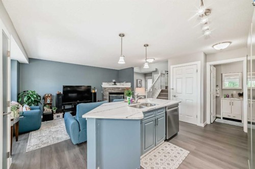 137 Coverton Circle Ne, Calgary, AB - Indoor Photo Showing Kitchen With Fireplace With Double Sink