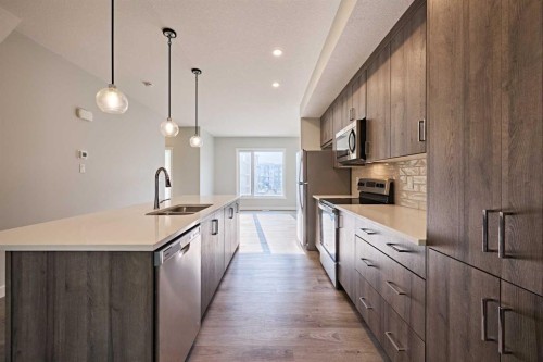 444 Shawnee Square Sw, Calgary, AB - Indoor Photo Showing Kitchen With Double Sink With Upgraded Kitchen
