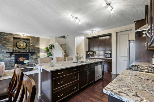 20 Walden View Se, Calgary, AB - Indoor Photo Showing Kitchen With Fireplace With Double Sink