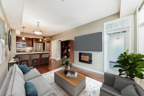 108-28 Auburn Bay Link Se, Calgary, AB - Indoor Photo Showing Living Room With Fireplace