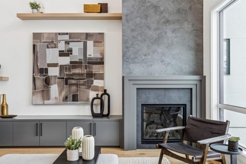 43 Elveden Park Sw, Calgary, AB - Indoor Photo Showing Living Room With Fireplace