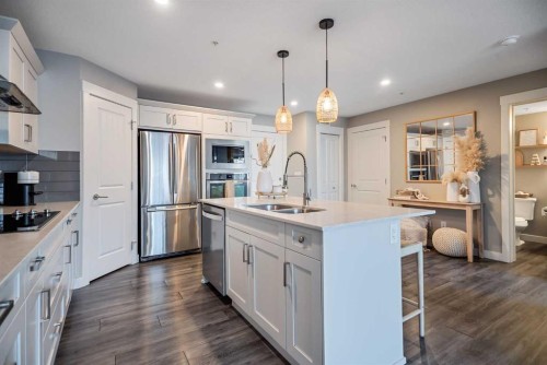 221-110 Auburn Meadows View Se, Calgary, AB - Indoor Photo Showing Kitchen With Stainless Steel Kitchen With Double Sink With Upgraded Kitchen