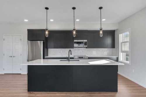 201-360 Harvest Hills Way Ne, Calgary, AB - Indoor Photo Showing Kitchen With Upgraded Kitchen