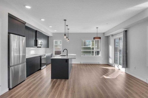 201-360 Harvest Hills Way Ne, Calgary, AB - Indoor Photo Showing Kitchen With Stainless Steel Kitchen With Upgraded Kitchen