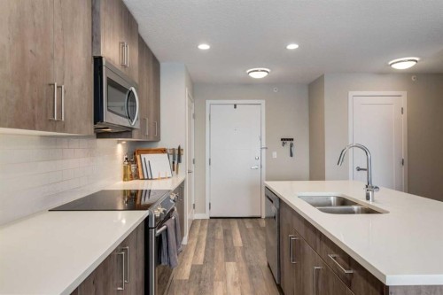 412-8531 8A Avenue Sw, Calgary, AB - Indoor Photo Showing Kitchen With Double Sink