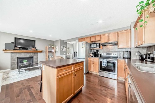 127 Covepark Green Ne, Calgary, AB - Indoor Photo Showing Kitchen With Fireplace