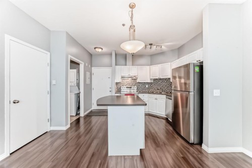 209-1000 Applevillage Court Se, Calgary, AB - Indoor Photo Showing Kitchen With Stainless Steel Kitchen With Upgraded Kitchen