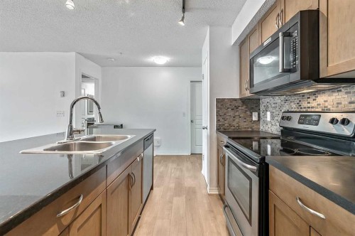 104-250 New Brighton Villas Se, Calgary, AB - Indoor Photo Showing Kitchen With Stainless Steel Kitchen With Double Sink With Upgraded Kitchen