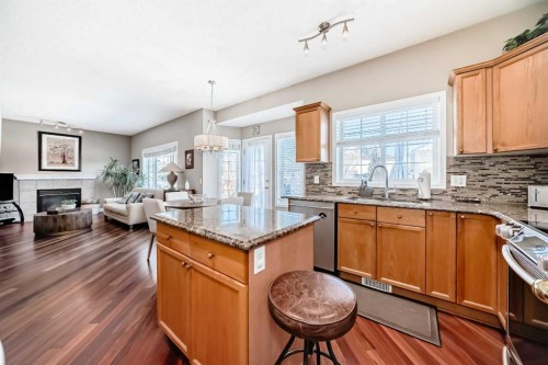 232 Coral Keys Place Ne, Calgary, AB - Indoor Photo Showing Kitchen With Fireplace