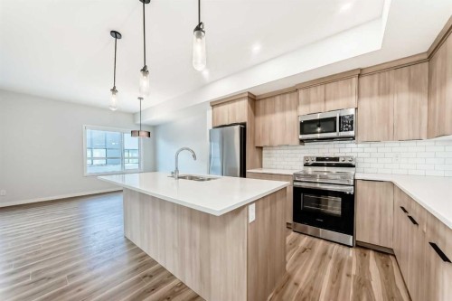 129-42 Cranbrook Gardens Se, Calgary, AB - Indoor Photo Showing Kitchen With Stainless Steel Kitchen With Double Sink With Upgraded Kitchen