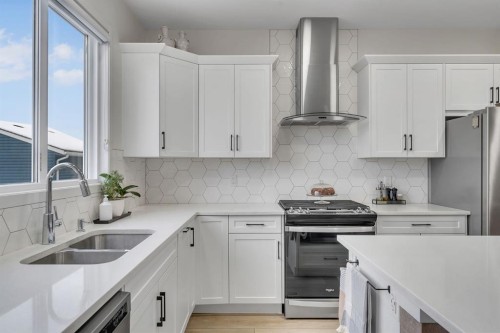 128 Seton Villas Se, Calgary, AB - Indoor Photo Showing Kitchen With Stainless Steel Kitchen With Double Sink With Upgraded Kitchen
