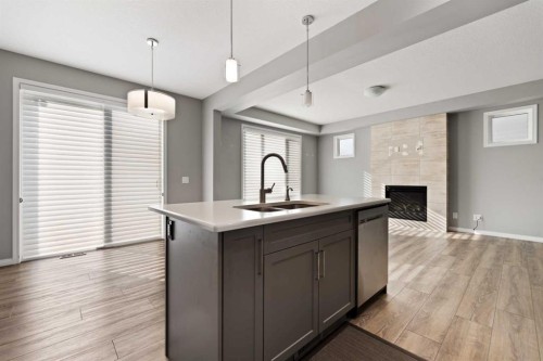 138 Cityside Way Ne, Calgary, AB - Indoor Photo Showing Kitchen With Fireplace With Double Sink