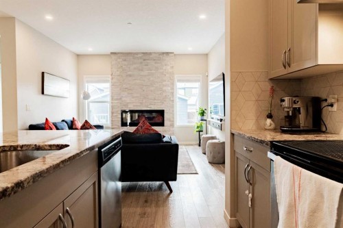 178 Livingston Avenue Ne, Calgary, AB - Indoor Photo Showing Kitchen With Fireplace With Upgraded Kitchen
