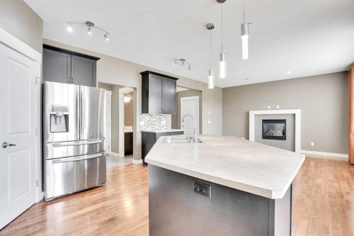 157 Rainbow Falls Boulevard, Chestermere, AB - Indoor Photo Showing Kitchen With Fireplace With Upgraded Kitchen