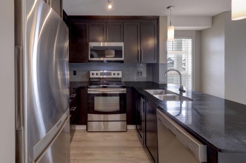 1311-155 Skyview Ranch Way Ne, Calgary, AB - Indoor Photo Showing Kitchen With Stainless Steel Kitchen With Double Sink With Upgraded Kitchen