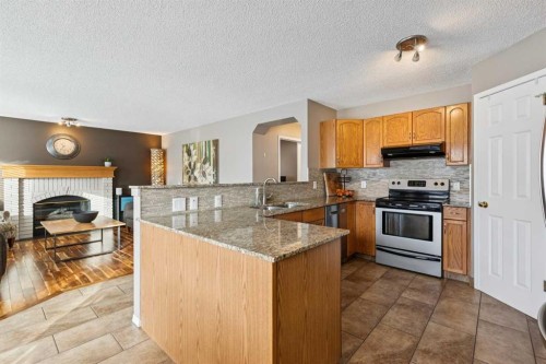 33 River Rock Crescent Se, Calgary, AB - Indoor Photo Showing Kitchen With Fireplace With Double Sink