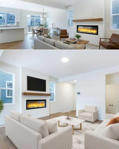 65 Creekside Passage Sw, Calgary, AB - Indoor Photo Showing Living Room With Fireplace