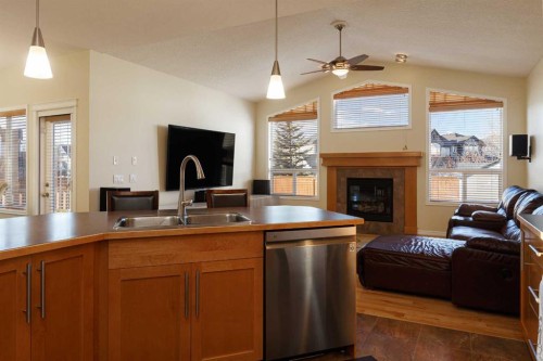 116 Rainbow Falls Grove, Chestermere, AB - Indoor Photo Showing Kitchen With Fireplace With Double Sink