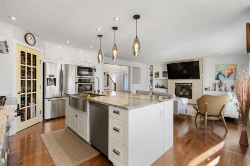 109 Copperfield Common Se, Calgary, AB - Indoor Photo Showing Kitchen With Fireplace With Upgraded Kitchen