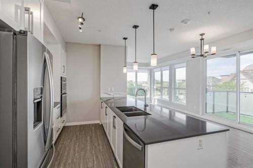 309-2231 Mahogany Boulevard Se, Calgary, AB - Indoor Photo Showing Kitchen With Double Sink With Upgraded Kitchen