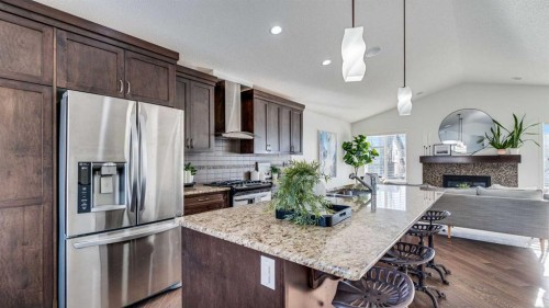 389 Cranberry Circle Se, Calgary, AB - Indoor Photo Showing Kitchen With Fireplace With Upgraded Kitchen