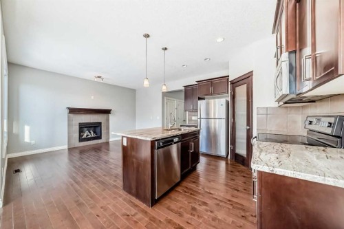 58 Sherwood Street Nw, Calgary, AB - Indoor Photo Showing Kitchen With Fireplace With Stainless Steel Kitchen With Upgraded Kitchen