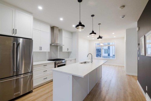 213 Alpine Rush View, Rural Rocky View County, AB - Indoor Photo Showing Kitchen With Stainless Steel Kitchen With Double Sink With Upgraded Kitchen