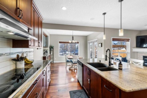 190 Sage Bank Grove Nw, Calgary, AB - Indoor Photo Showing Kitchen With Fireplace With Double Sink With Upgraded Kitchen