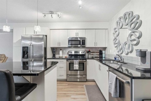 1102-755 Copperpond Boulevard Se, Calgary, AB - Indoor Photo Showing Kitchen With Stainless Steel Kitchen With Upgraded Kitchen