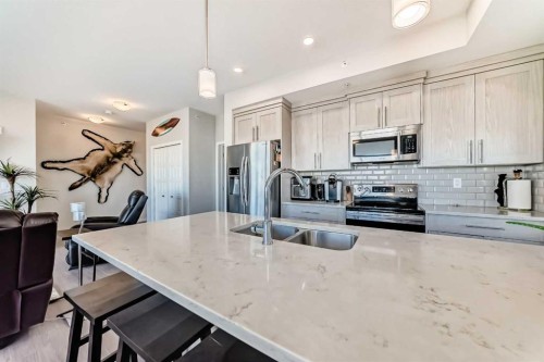409-4150 Seton Drive Se, Calgary, AB - Indoor Photo Showing Kitchen With Double Sink With Upgraded Kitchen