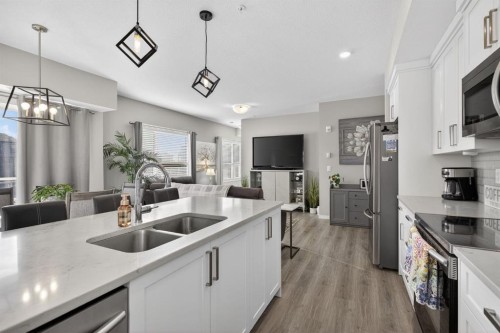 204-4150 Seton Drive Se, Calgary, AB - Indoor Photo Showing Kitchen With Stainless Steel Kitchen With Double Sink With Upgraded Kitchen